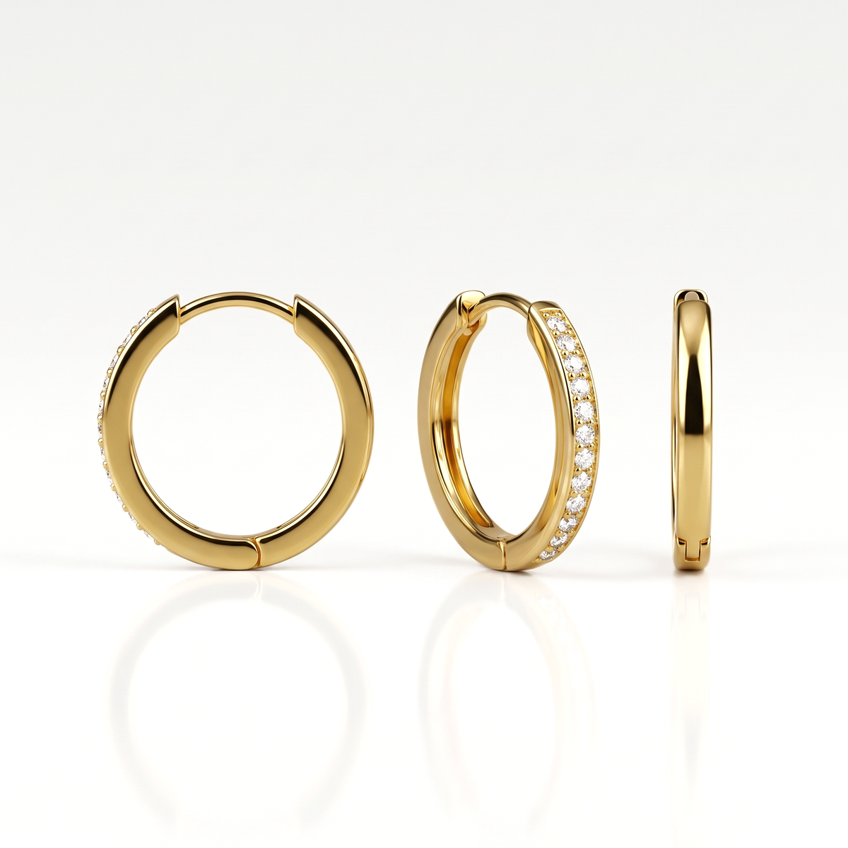 Gold-tone mini hoop earrings shown from the front, at an angle and from the side