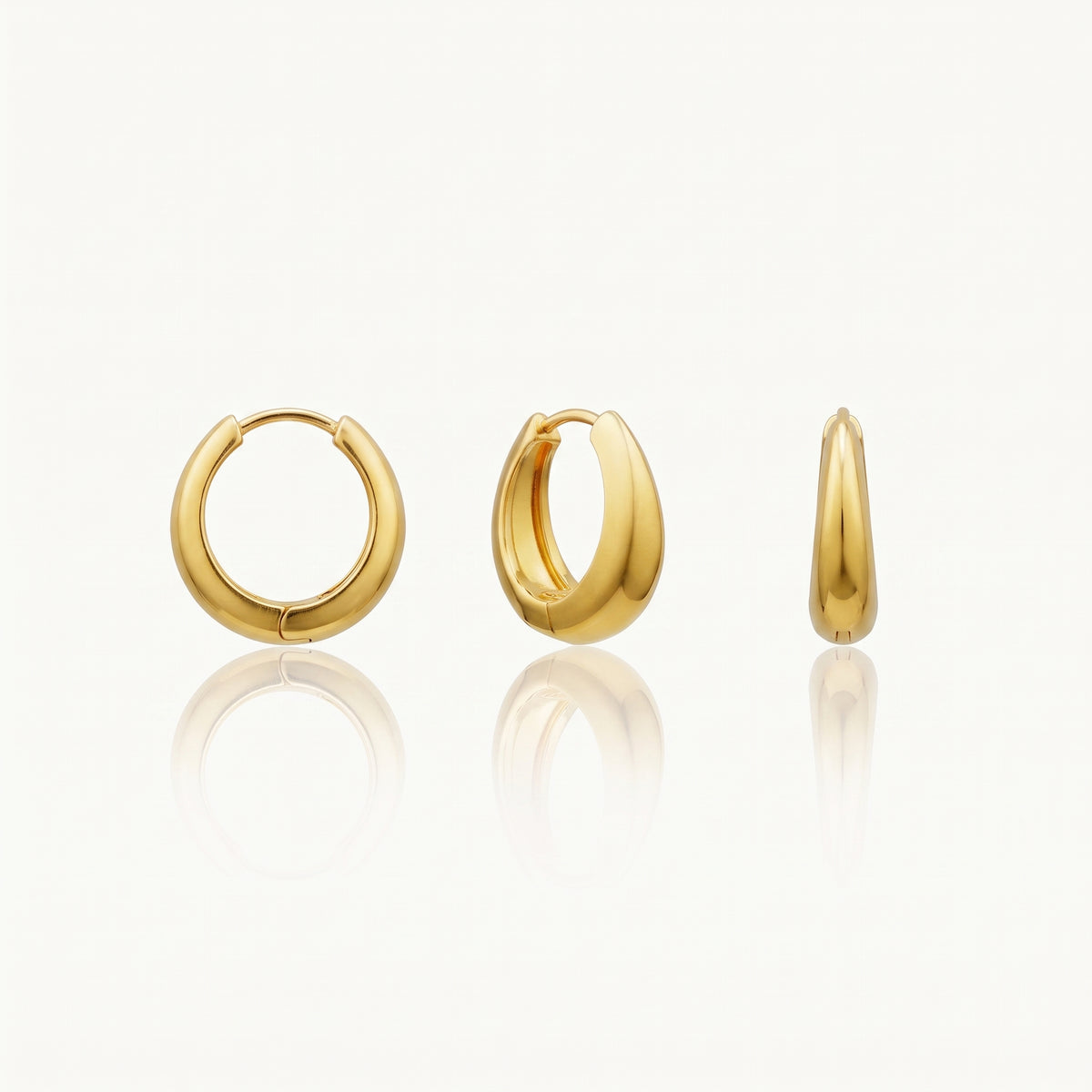 Gold-tone chunky hoop earring shown from the front, side and at an angle