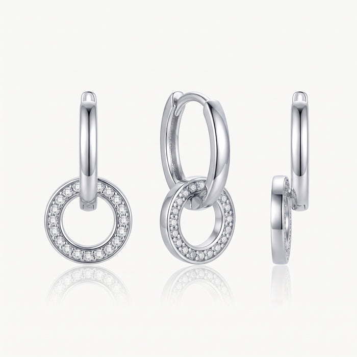 Silver-tone interlocking hoop earring shown from the front, at an angle and from the side