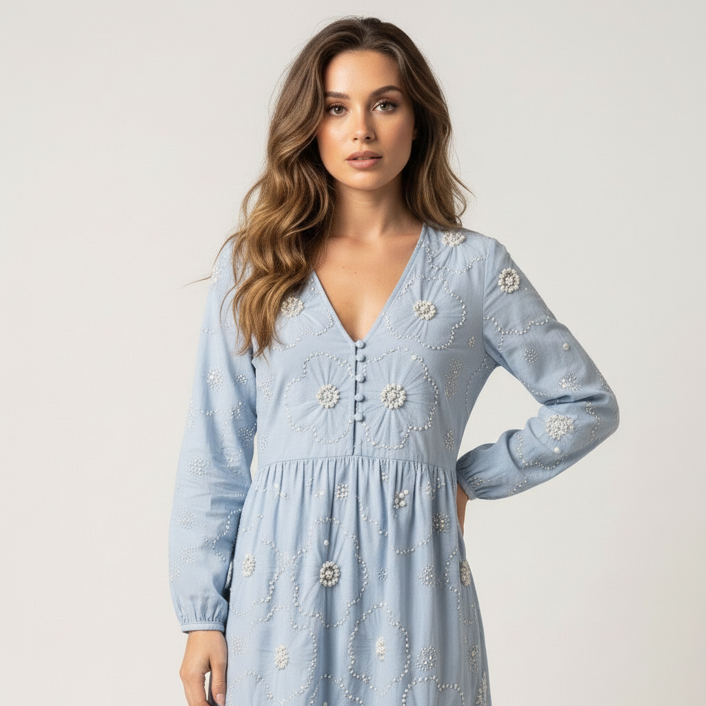 Baby blue floral midi dress with short sleeves