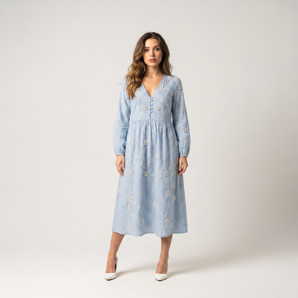 Baby blue floral midi dress with short sleeves