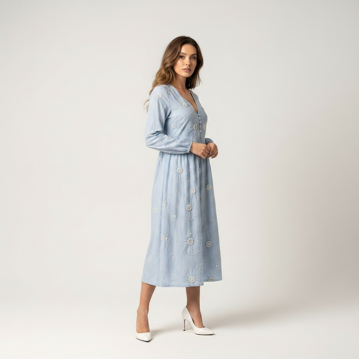 Baby blue floral midi dress with short sleeves