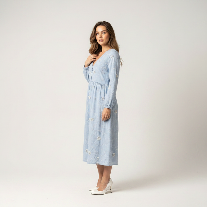 Baby blue floral midi dress with short sleeves