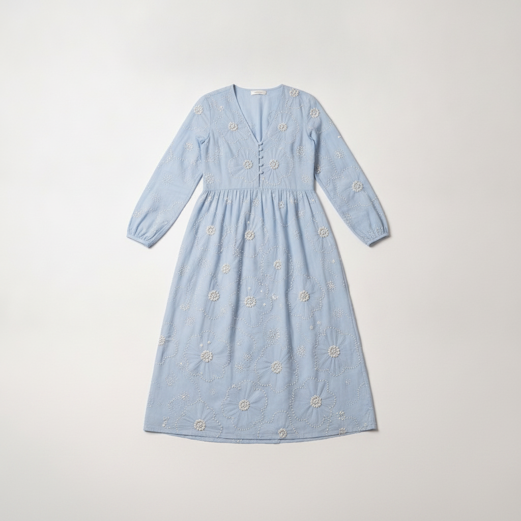 Baby blue floral midi dress with short sleeves