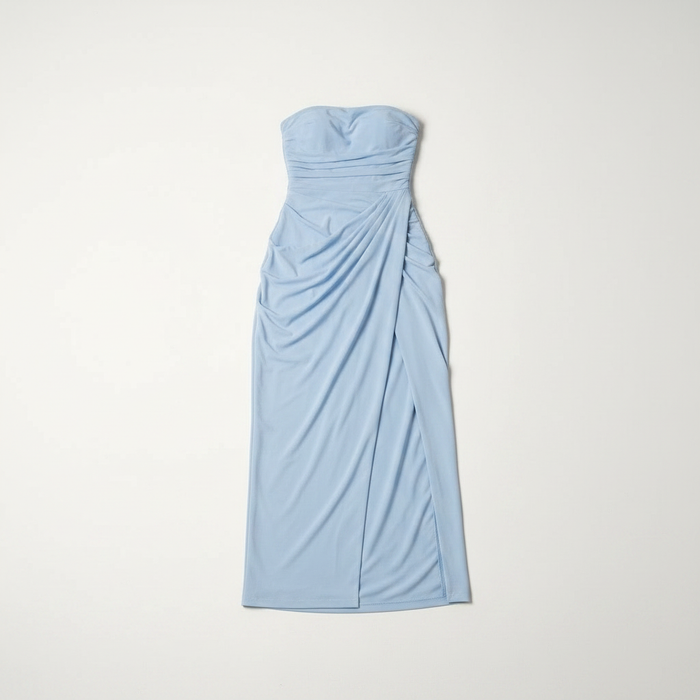 Baby blue strapless maxi dress with draped corset bodice