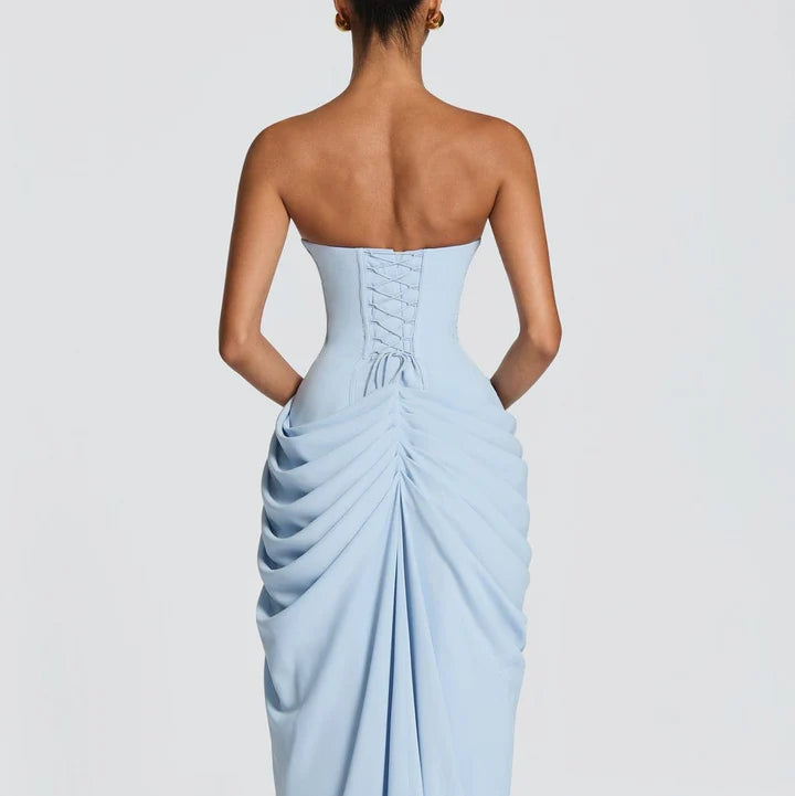Baby blue strapless maxi dress with draped corset bodice