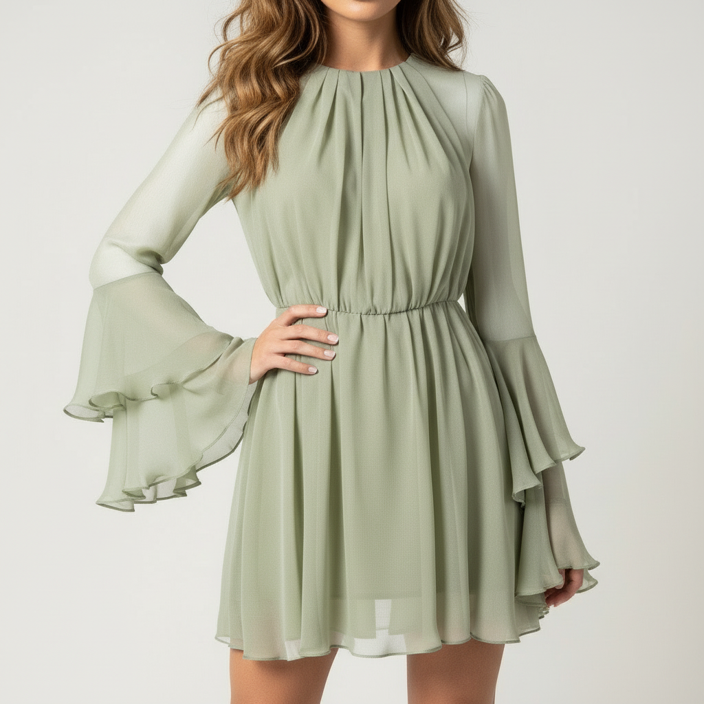 Baby green long sleeve mini dress with ruffles