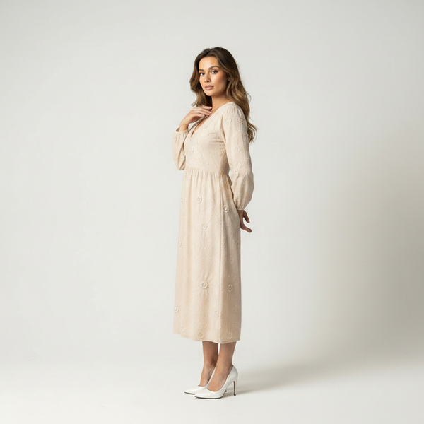 Beige flowing embroidered midi dress