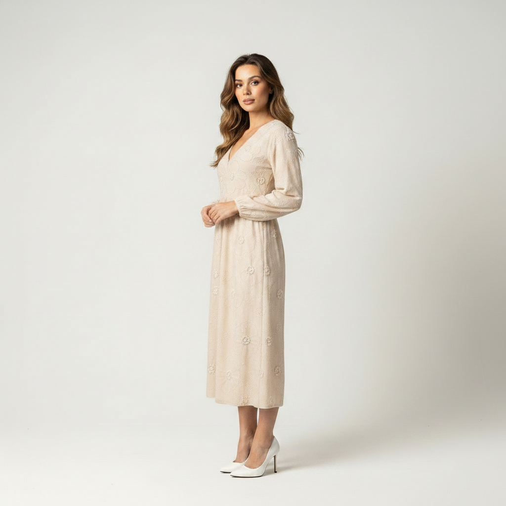 Beige flowing embroidered midi dress