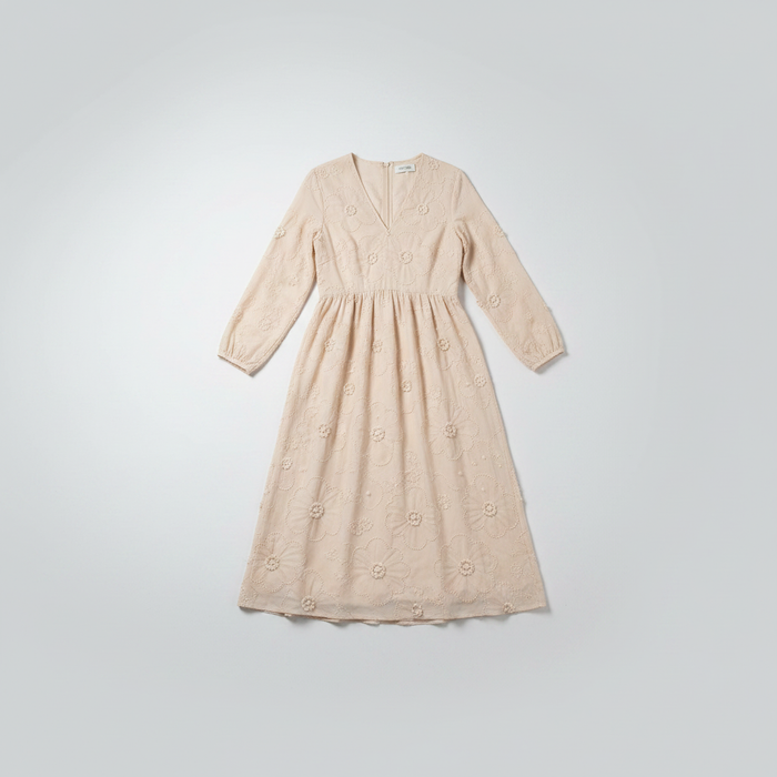 Beige flowing embroidered midi dress