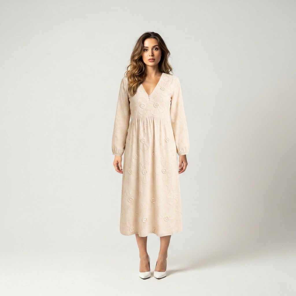 Beige flowing embroidered midi dress