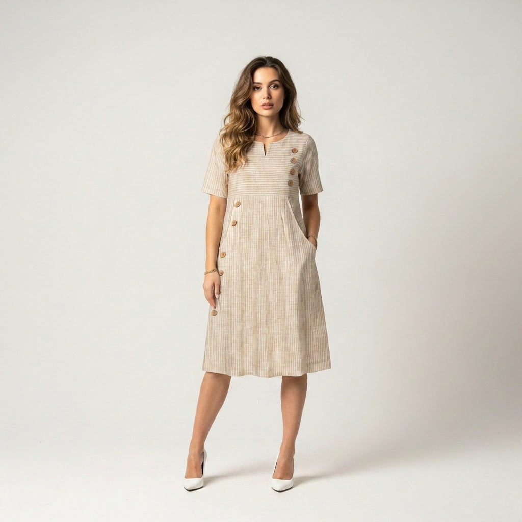 Beige striped relaxed midi dress