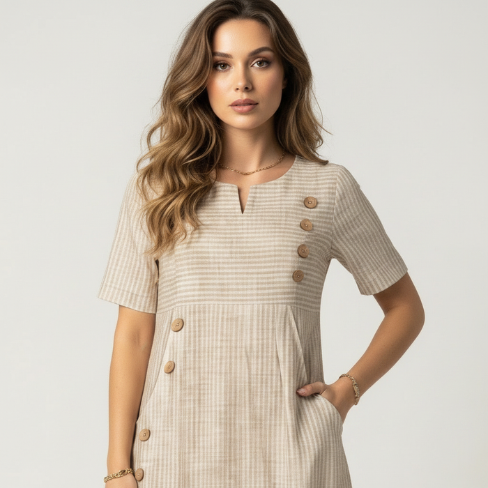 Beige striped relaxed midi dress