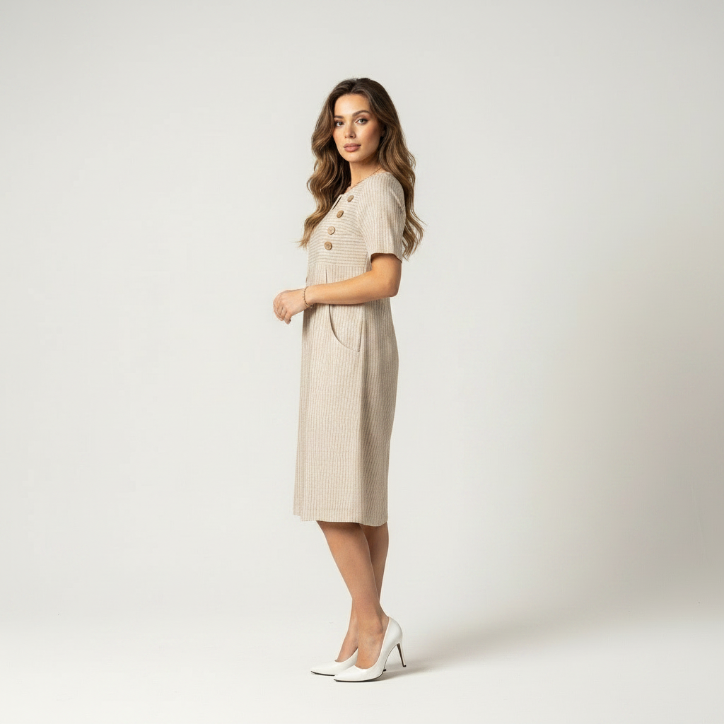 Beige striped relaxed midi dress