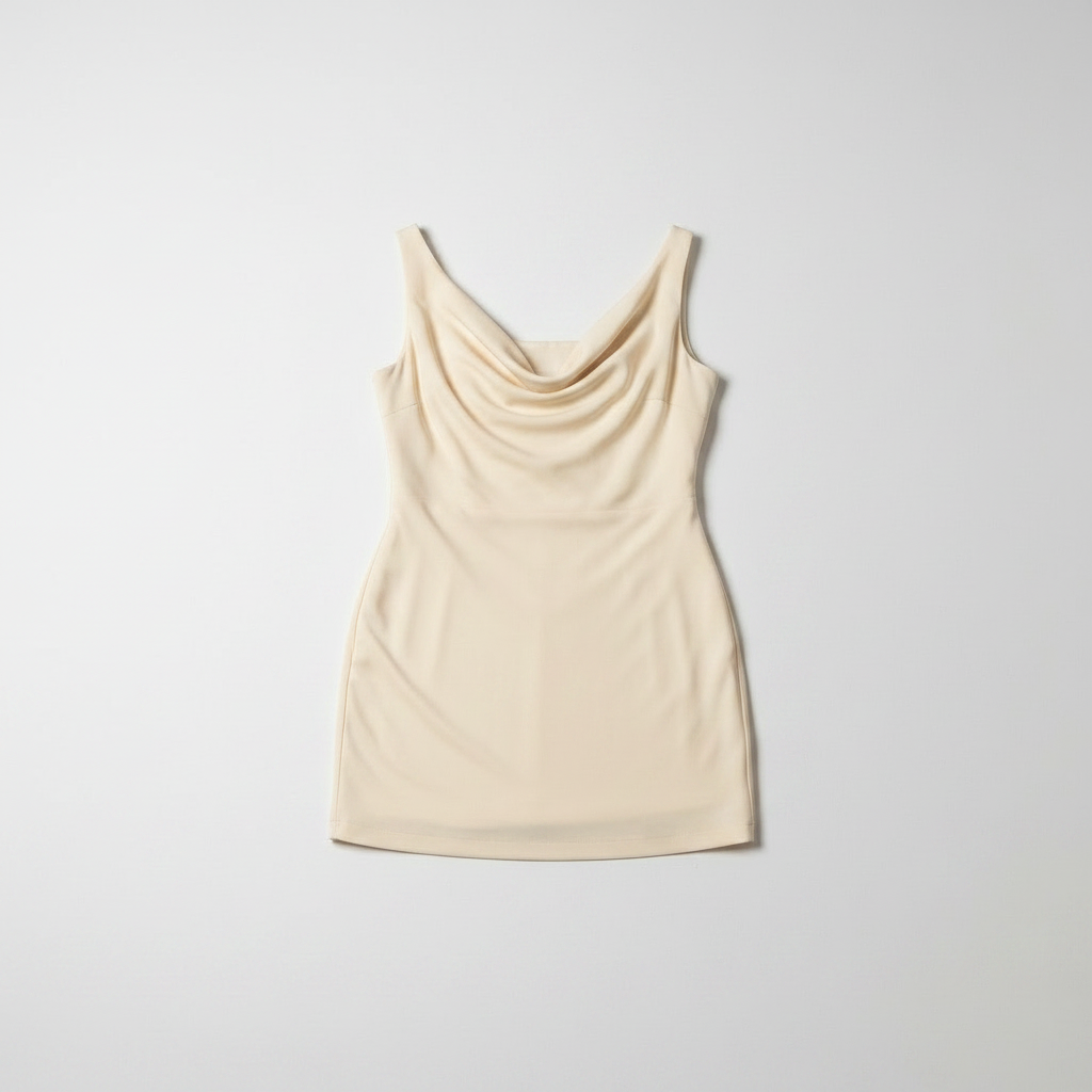 Beige sleeveless mini dress with draped neckline
