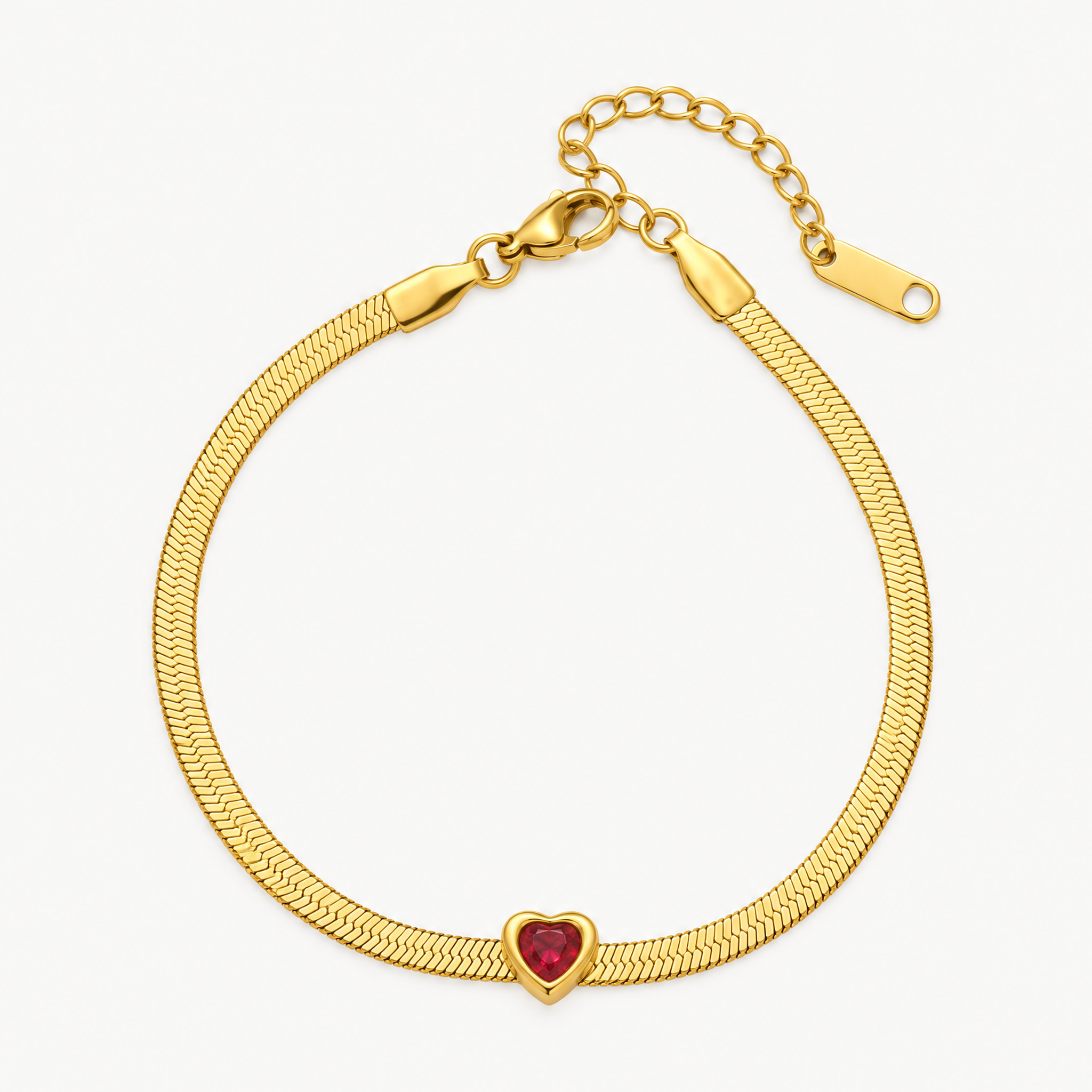 Gold-tone herringbone snake chain bracelet with a red heart birthstone