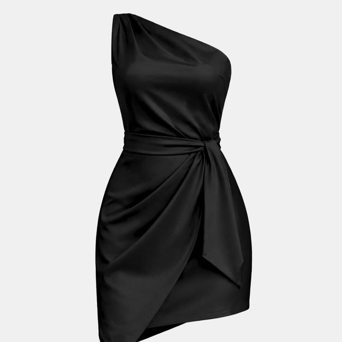 Black one shoulder mini dress with waist tie, front view
