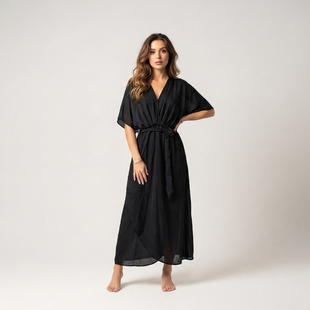 Black wrap midi dress with tie waist and kimono sleeves