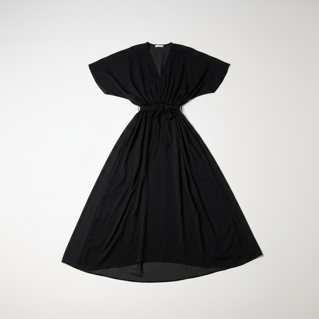 Black wrap midi dress with tie waist and kimono sleeves