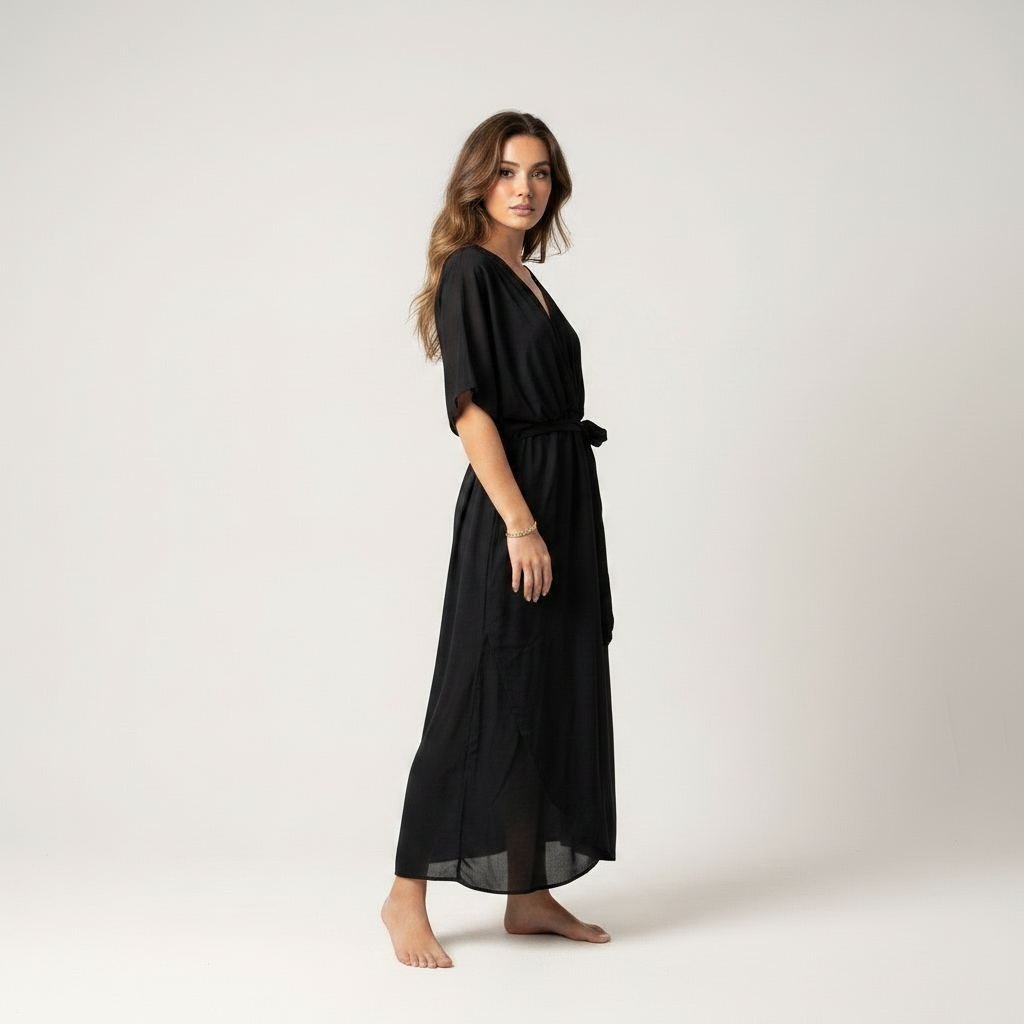 Black wrap midi dress with tie waist and kimono sleeves