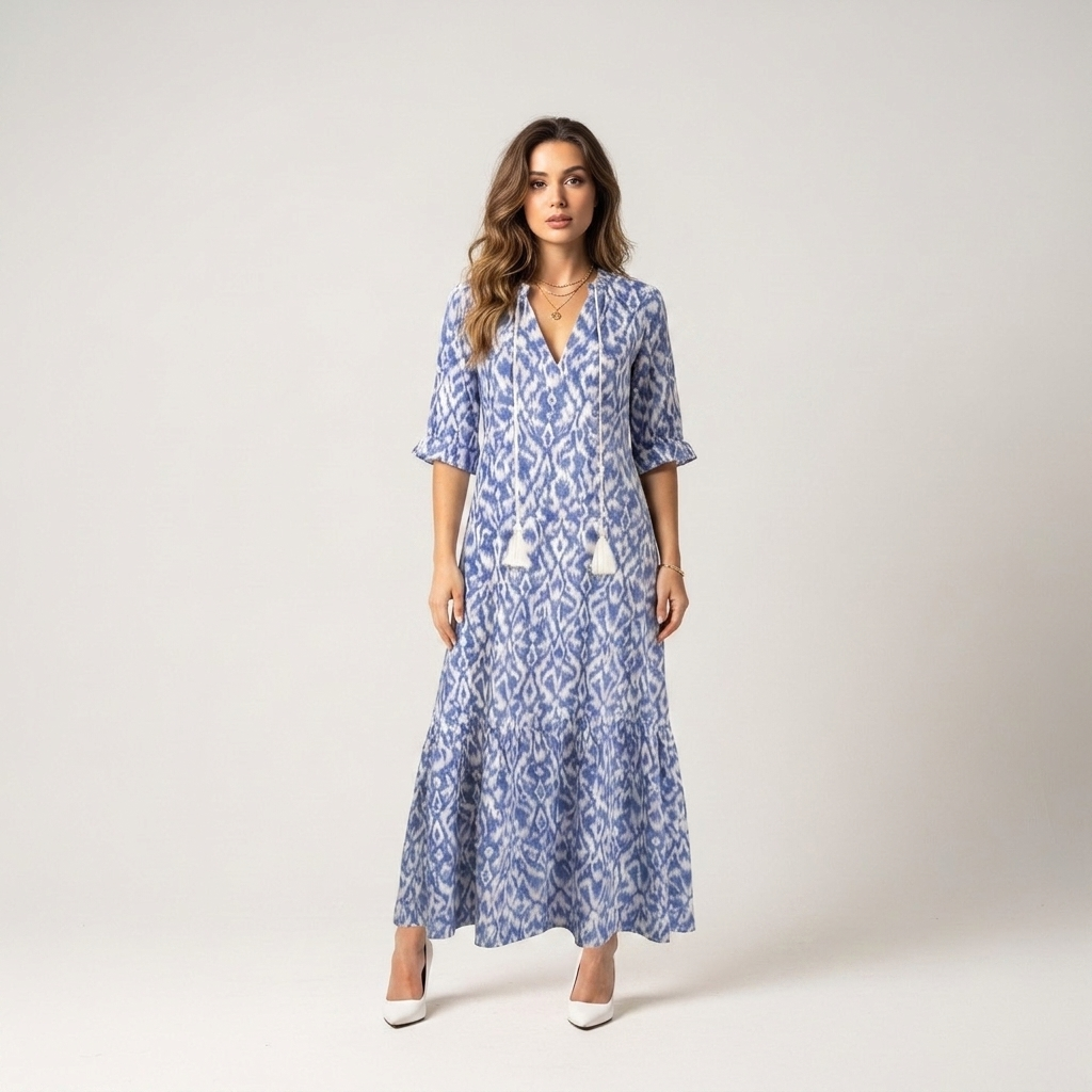 Blue floral short sleeve summer midi dress