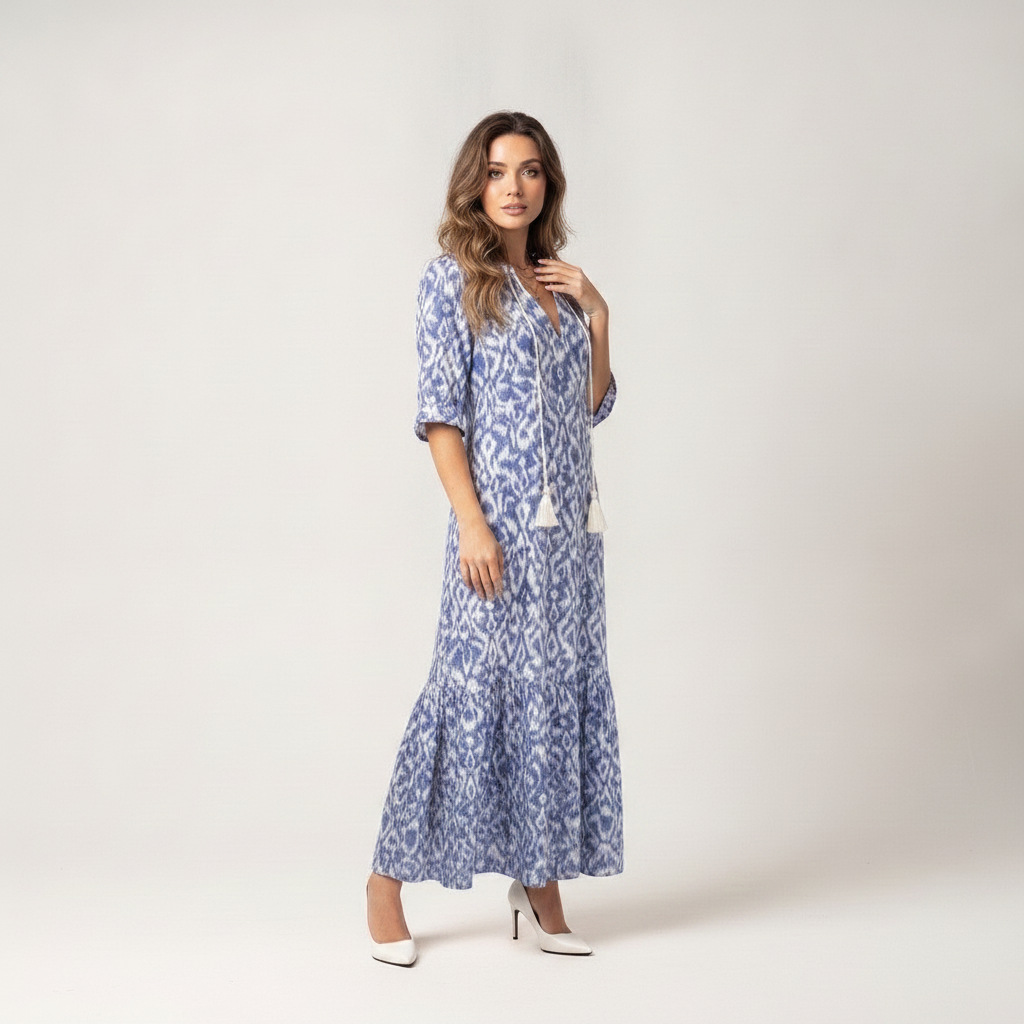 Blue floral short sleeve summer midi dress