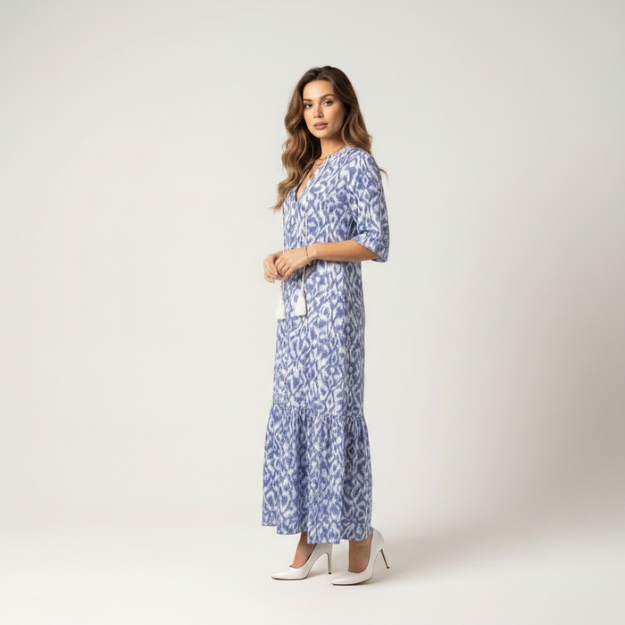 Blue floral short sleeve summer midi dress
