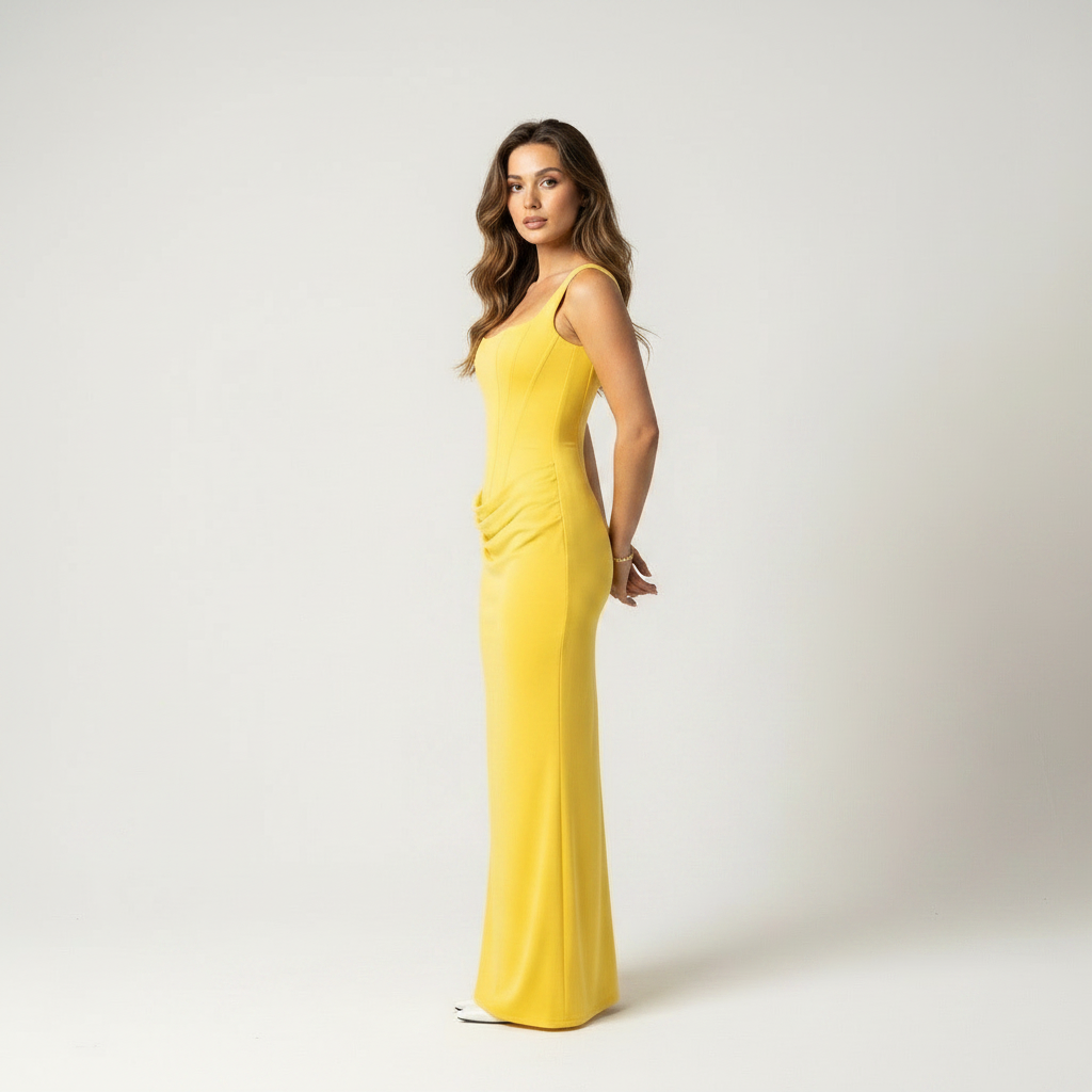 Butter yellow bodycon maxi dress with lace up back