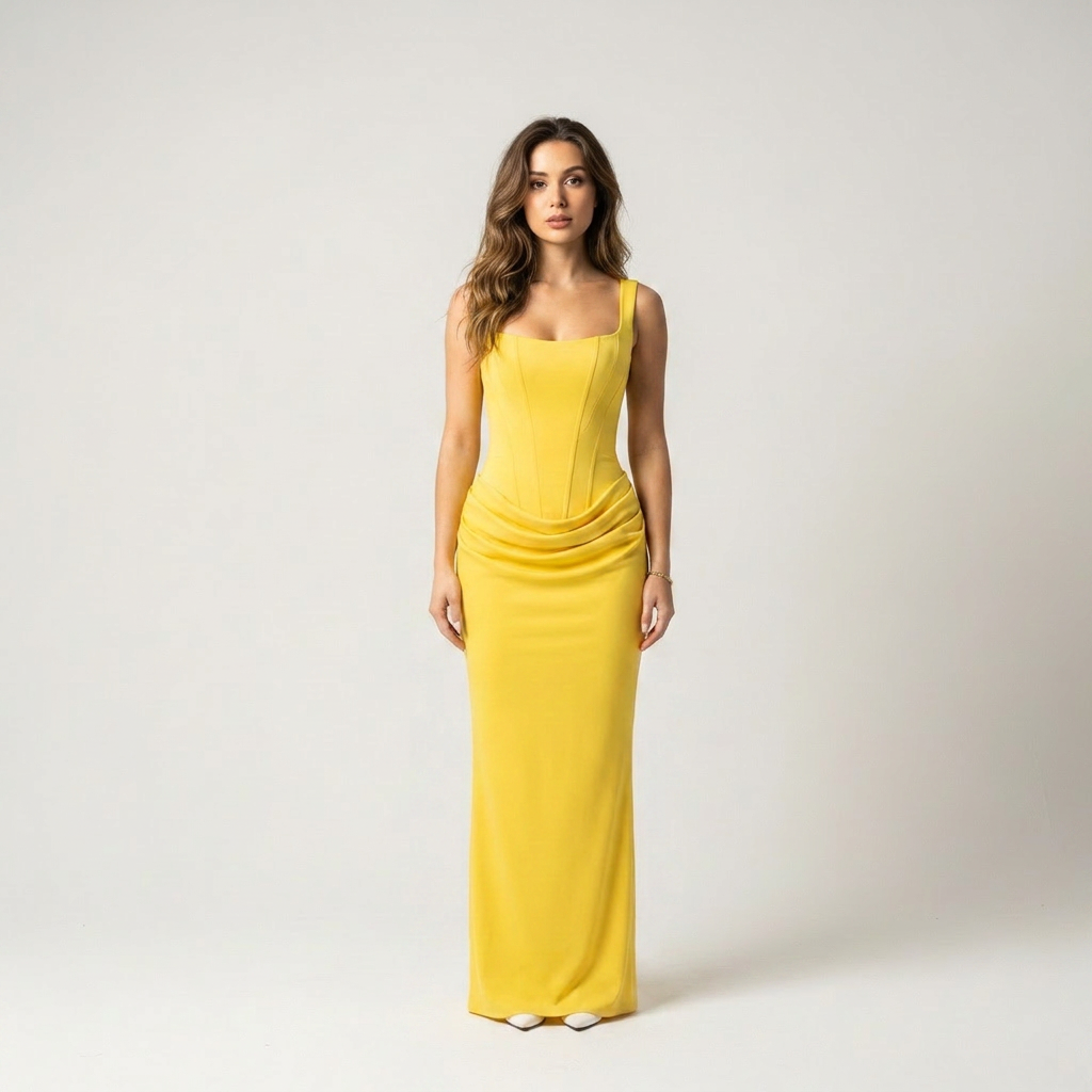 Butter yellow bodycon maxi dress with lace up back