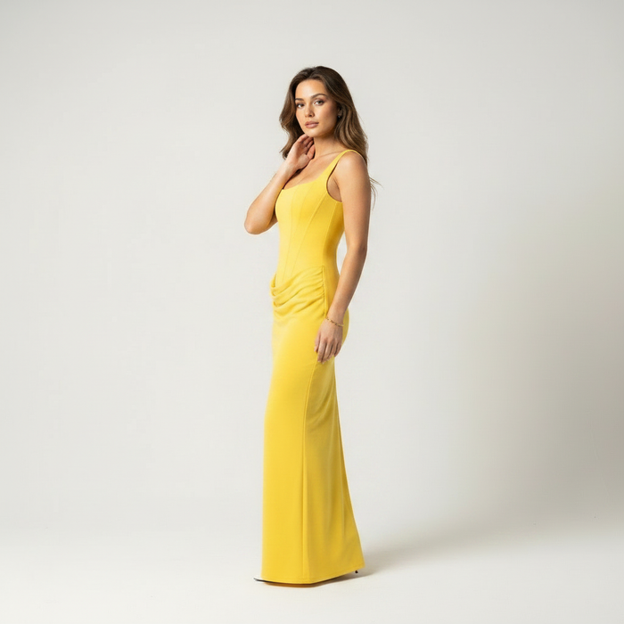 Butter yellow bodycon maxi dress with lace up back