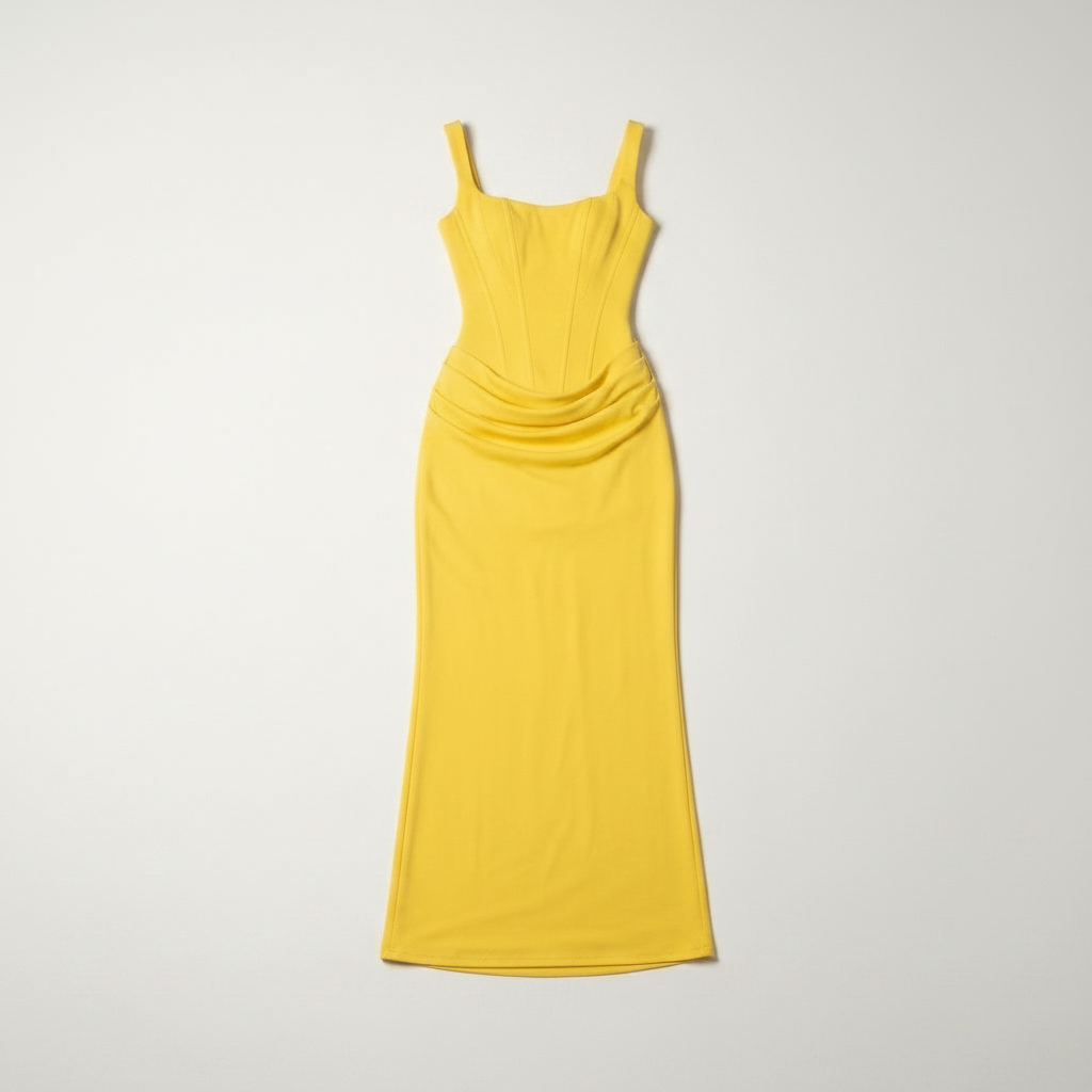 Butter yellow bodycon maxi dress with lace up back