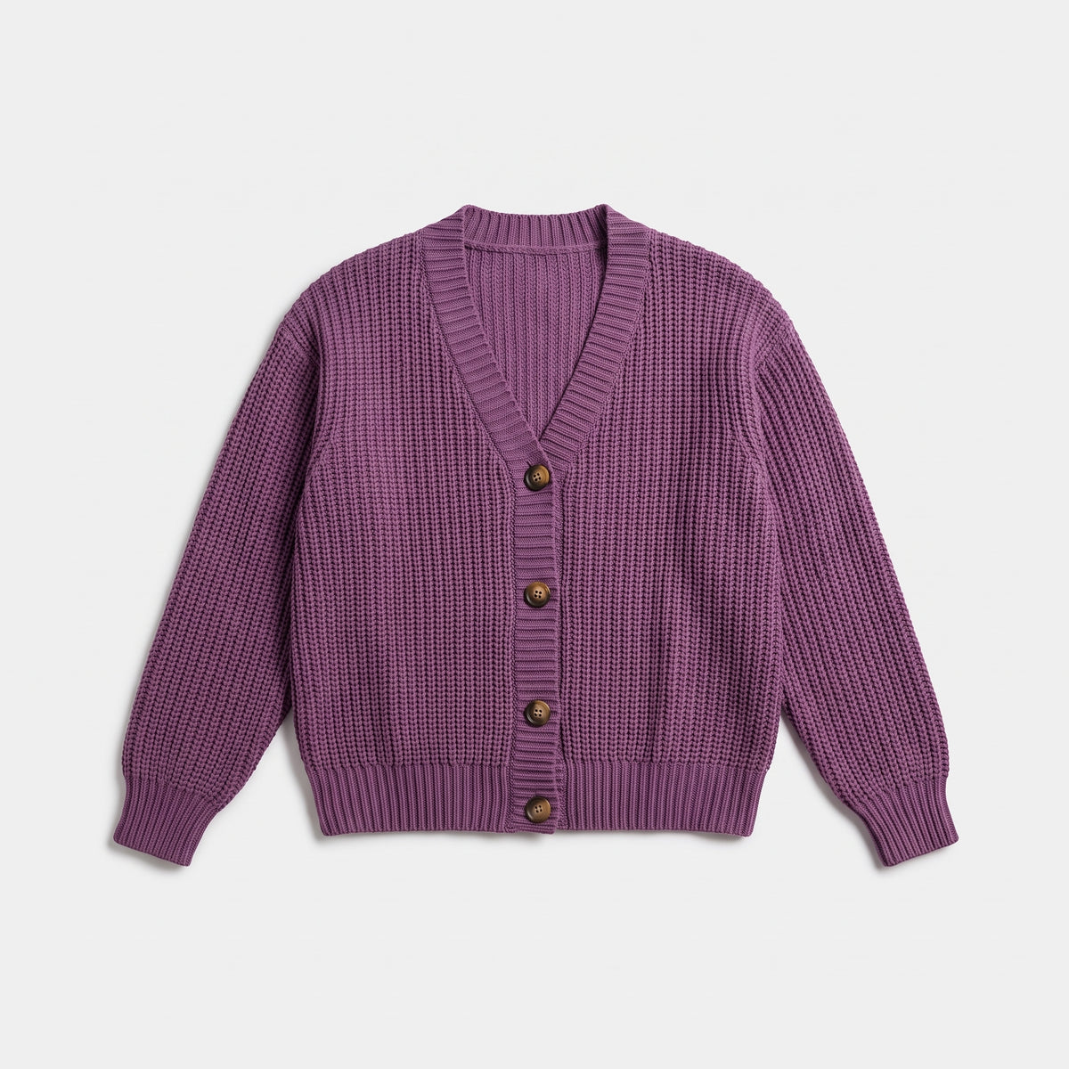 Purple chunky knit cardigan laid flat and buttoned, product shot