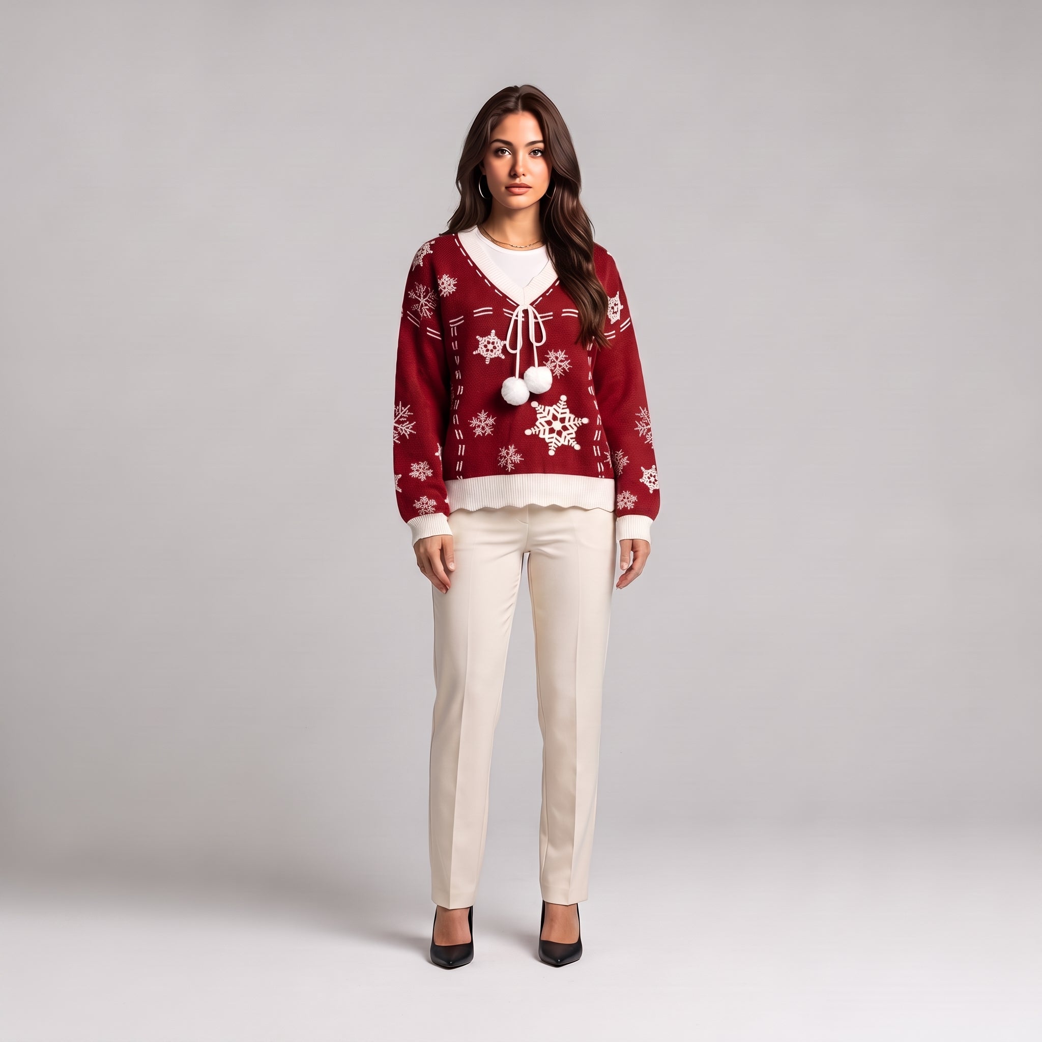 Red snowflake Christmas jumper with pom pom tie, front view on model