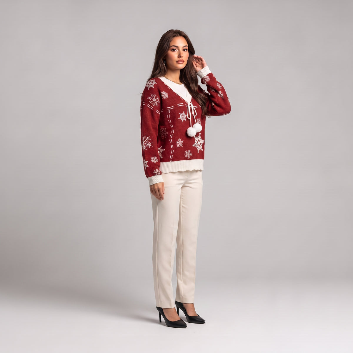 Red snowflake jumper, three quarter view on model