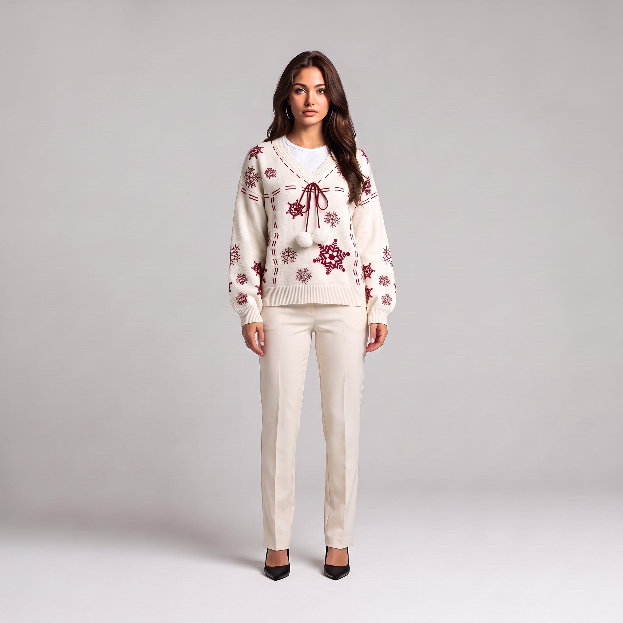 White snowflake Christmas jumper with red pom pom tie, front view on model