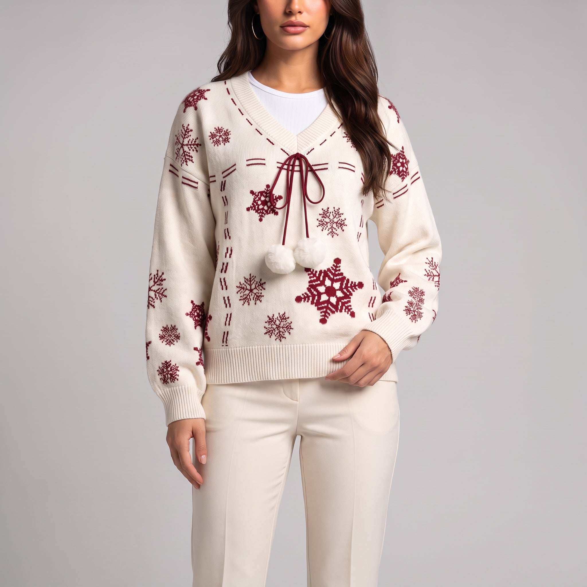 Close-up of white knit jumper with red snowflakes, red tie cord and white pom poms