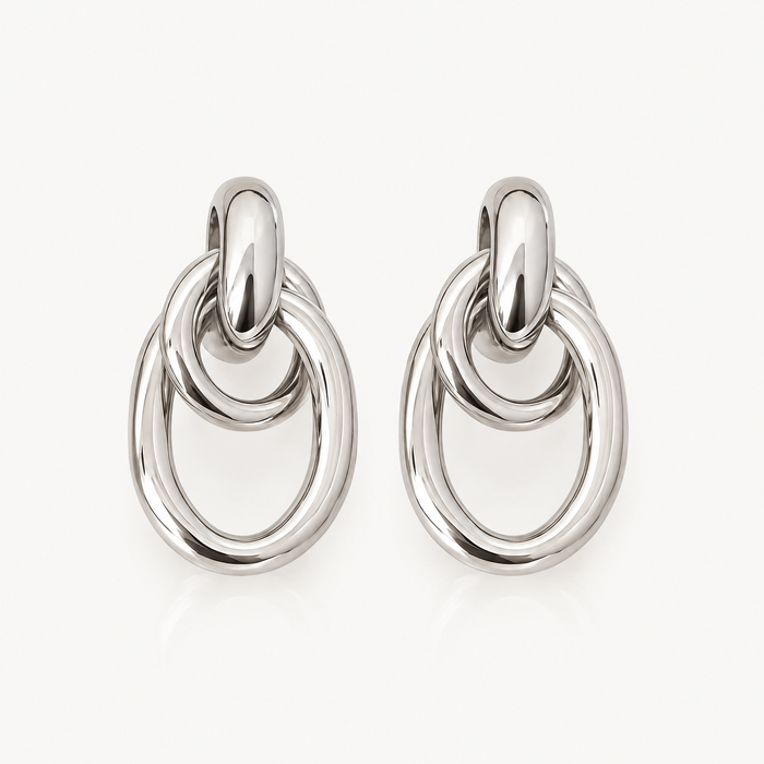 Silver-tone double hoop drop earrings