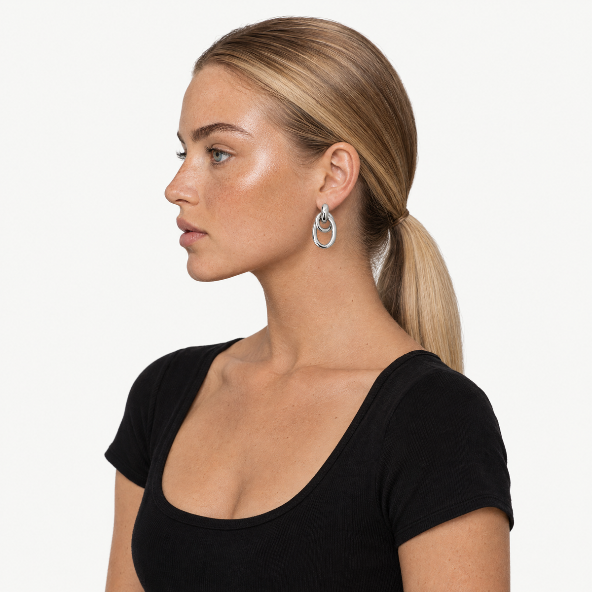 Silver-tone double hoop drop earrings