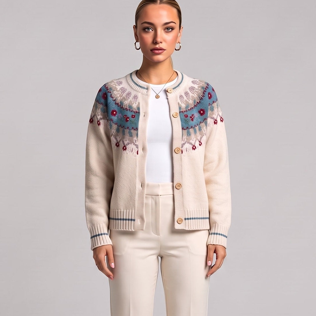 White Fair Isle Christmas cardigan, front view on model
