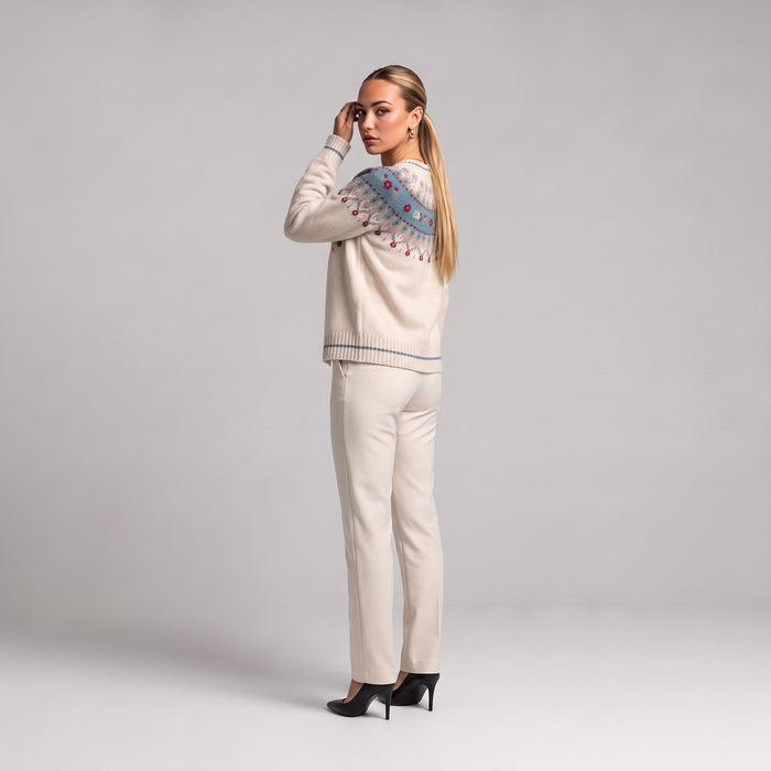 White Fair Isle Christmas cardigan, three quarter view on model