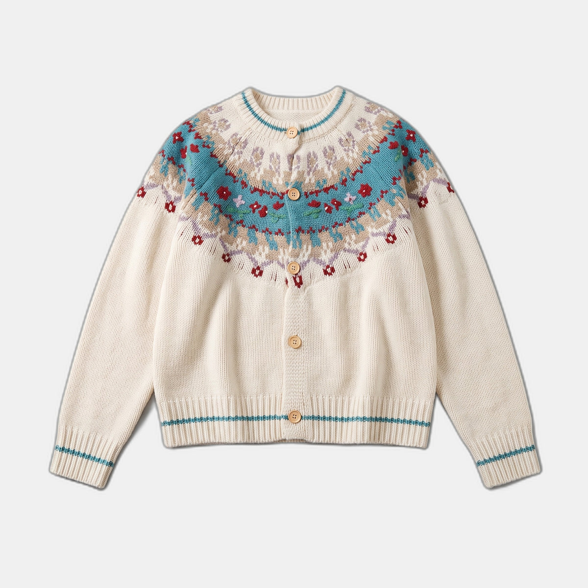 White Fair Isle Christmas cardigan laid flat