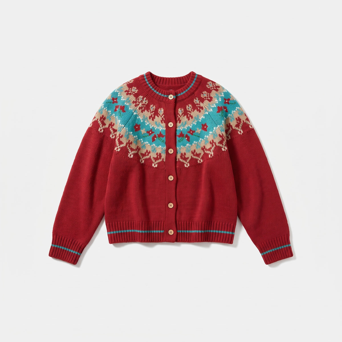 Red Fair Isle Christmas cardigan laid flat