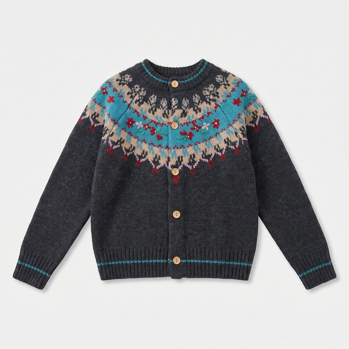 Grey Fair Isle Christmas cardigan laid flat