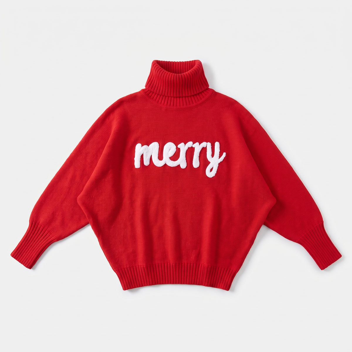 Red merry roll neck Christmas jumper laid flat