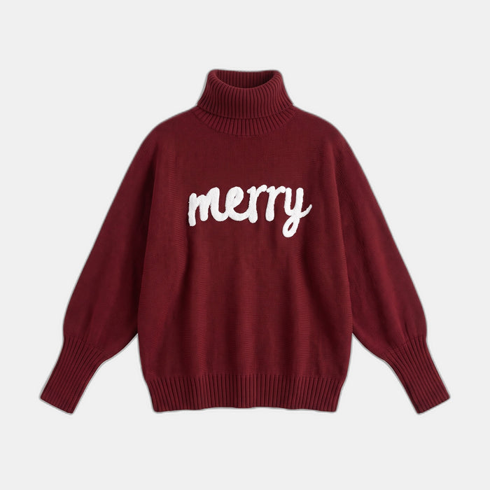 Burgundy merry roll neck Christmas jumper laid flat