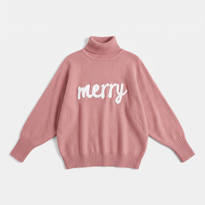 Pink merry roll neck Christmas jumper laid flat