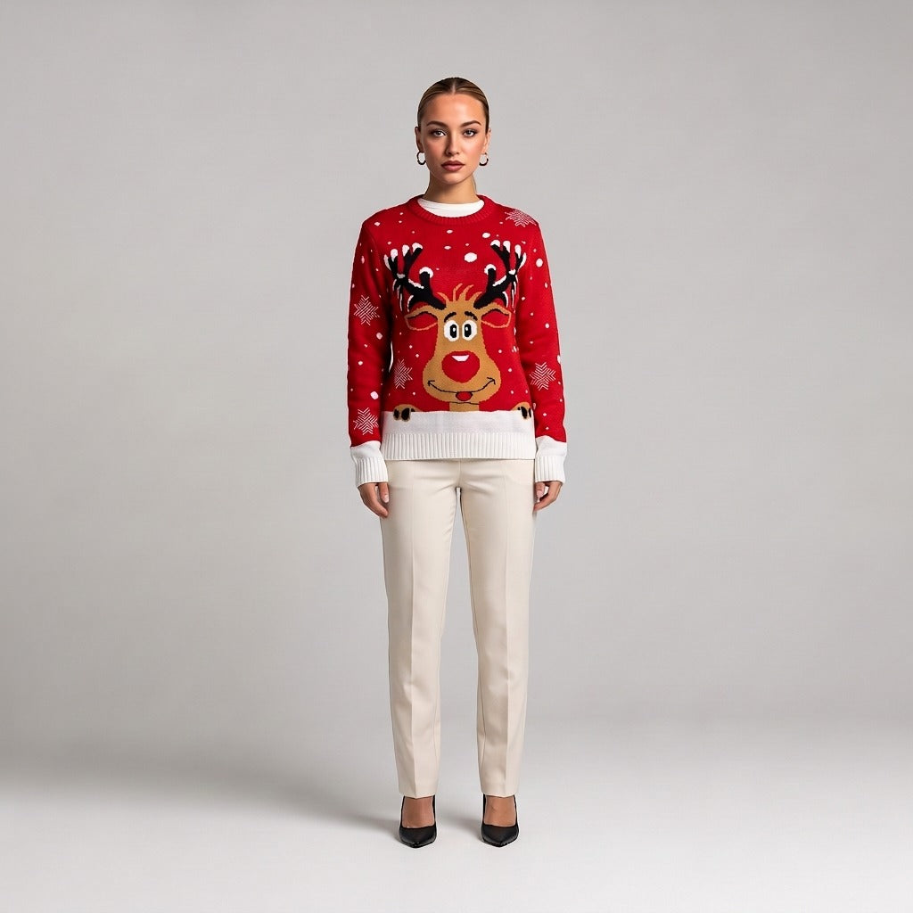 Red reindeer face Christmas jumper, front view on model