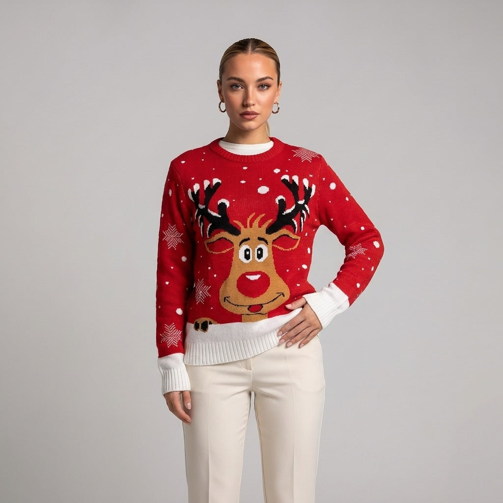 Close-up of red reindeer face Christmas jumper on model