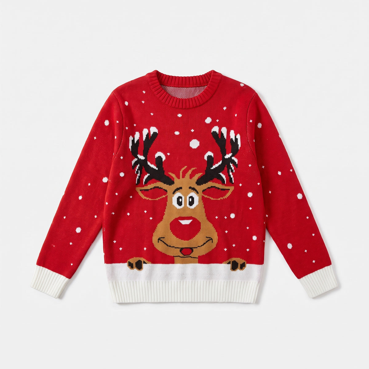 Red reindeer face Christmas jumper laid flat