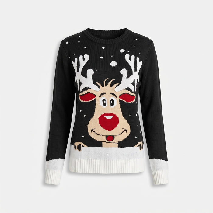 Black reindeer face Christmas jumper laid flat